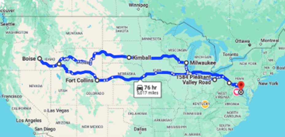 Map of USA with route marked between Herndon and Boise